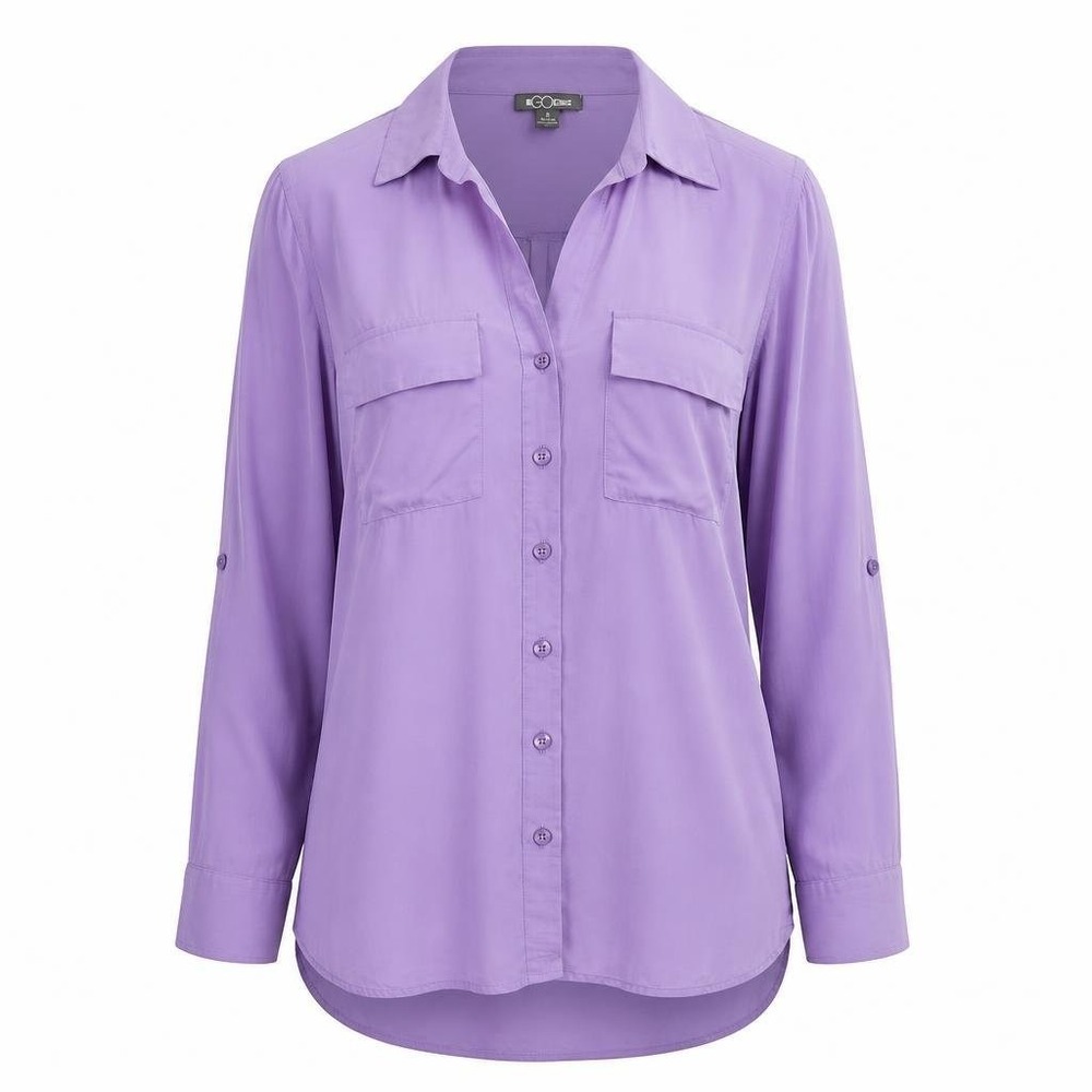 Go Silk Shirt Womens S Purple 100% Silk Long Sleeve Collared Roll Tab Luxury